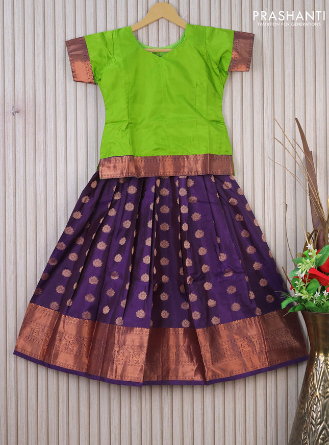 Silk kids lehenga lime green and deep violet with plain body and copper zari woven border for 8 years