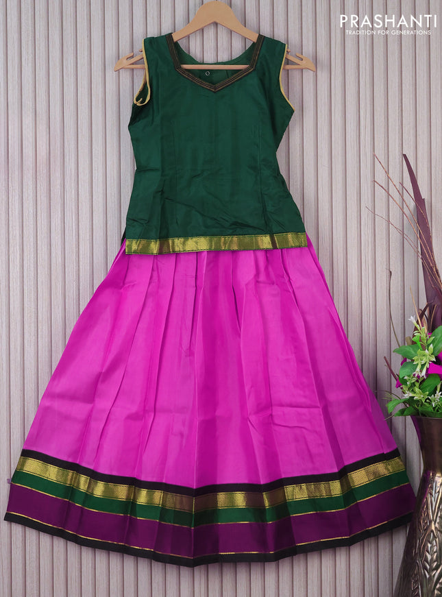 Silk kids lehenga green and pink with zari line neck pattern and zari woven simple border for 9 years