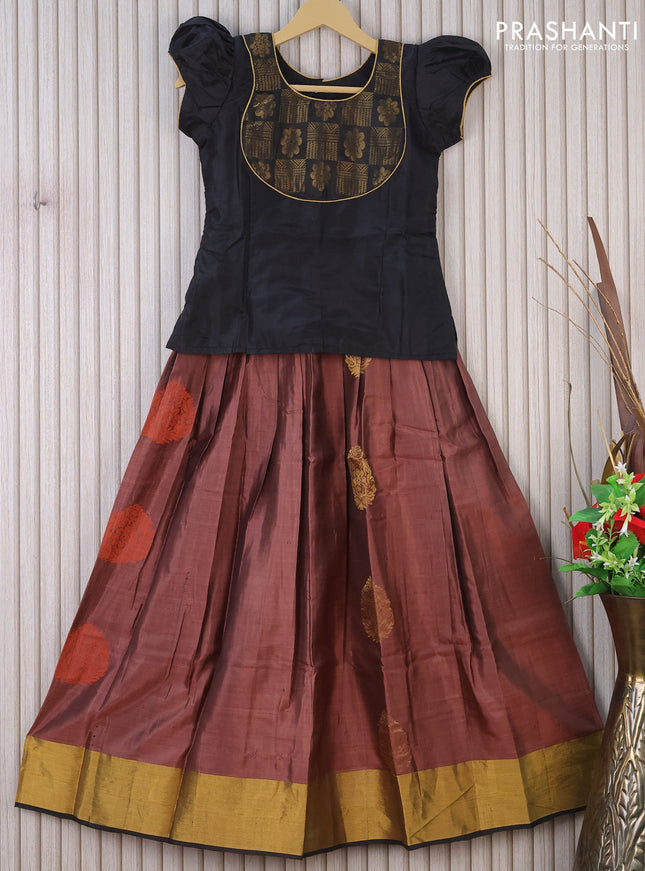 Silk kids lehenga black and brown shade with patch work neck pattern and zari buttas & zari woven border for 10 years