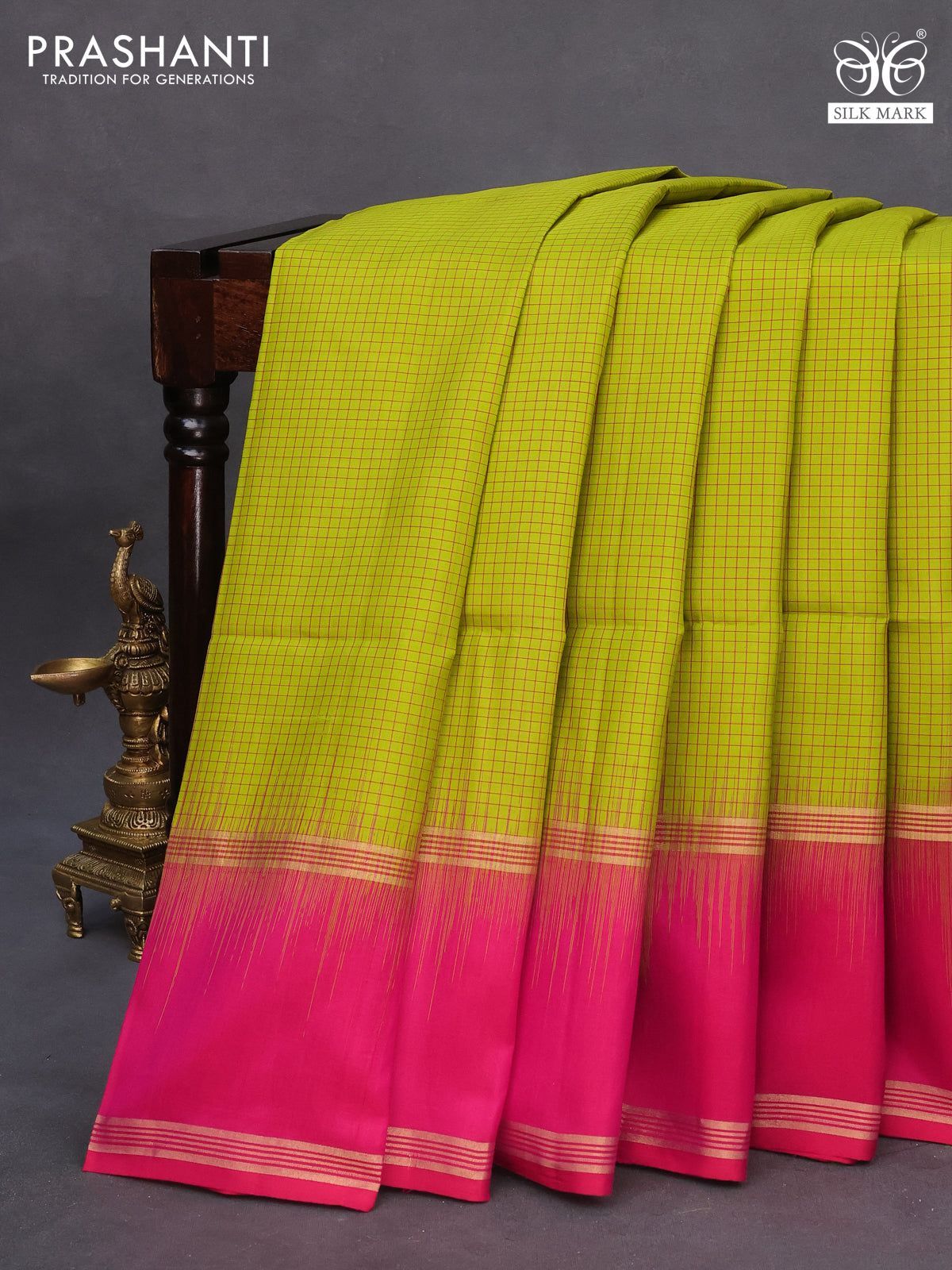 Pure soft silk saree light green and pink with allover small checked