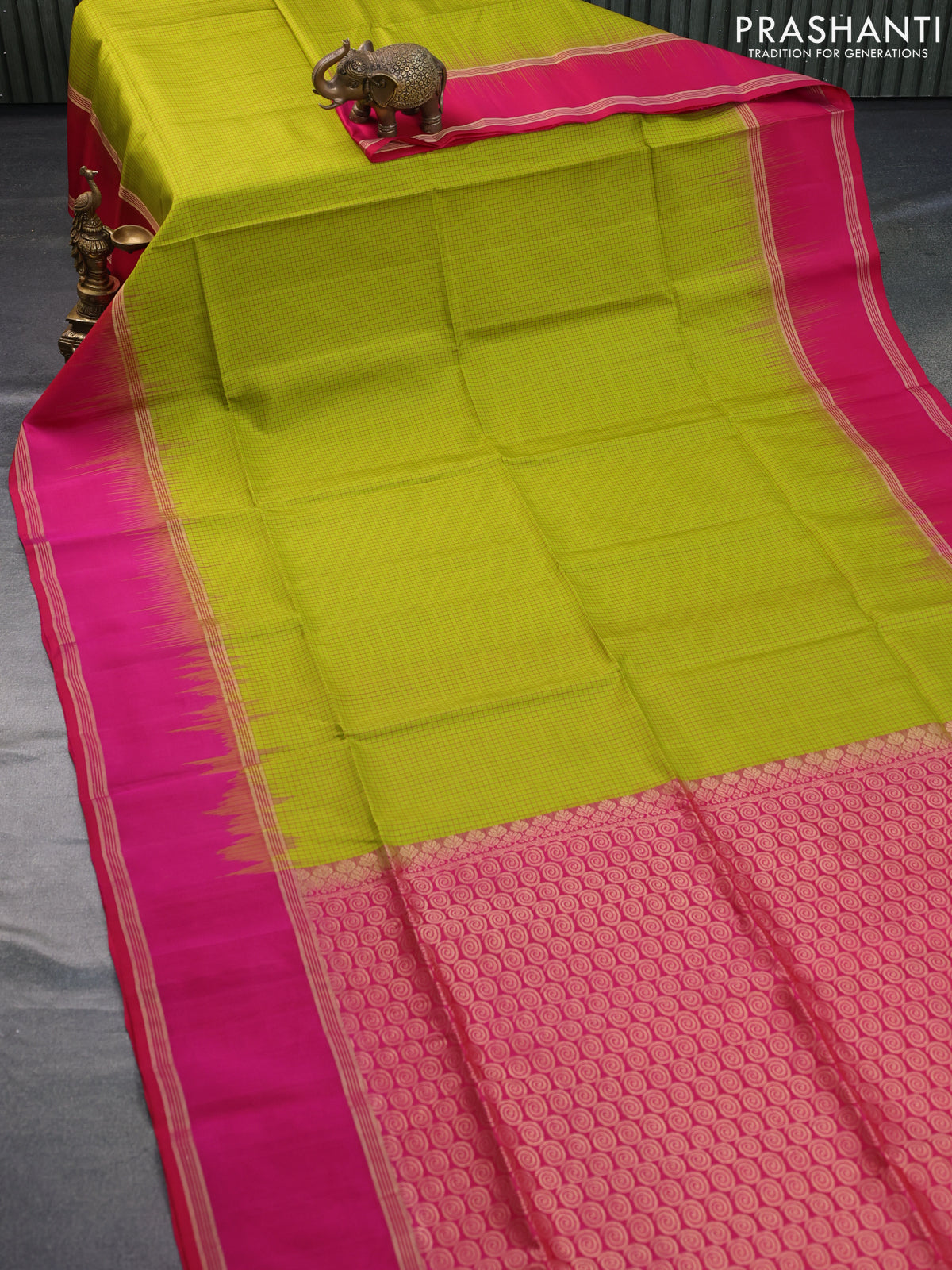 Pure soft silk saree light green and pink with allover small checked