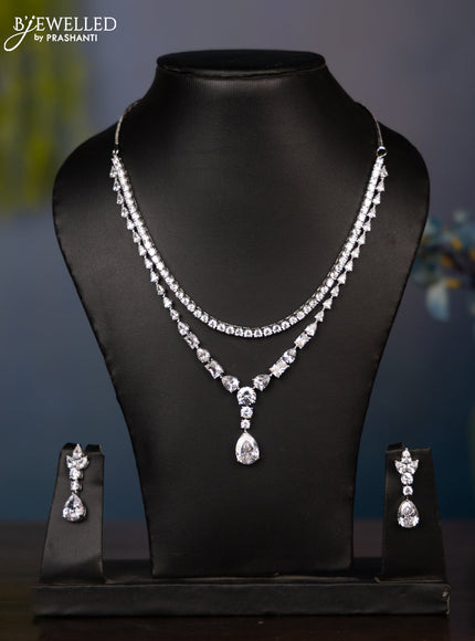 Zircon double layer necklace with big tear drop shape cz stones in silver finish