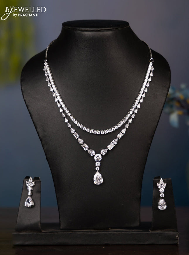 Zircon double layer necklace with big tear drop shape cz stones in silver finish