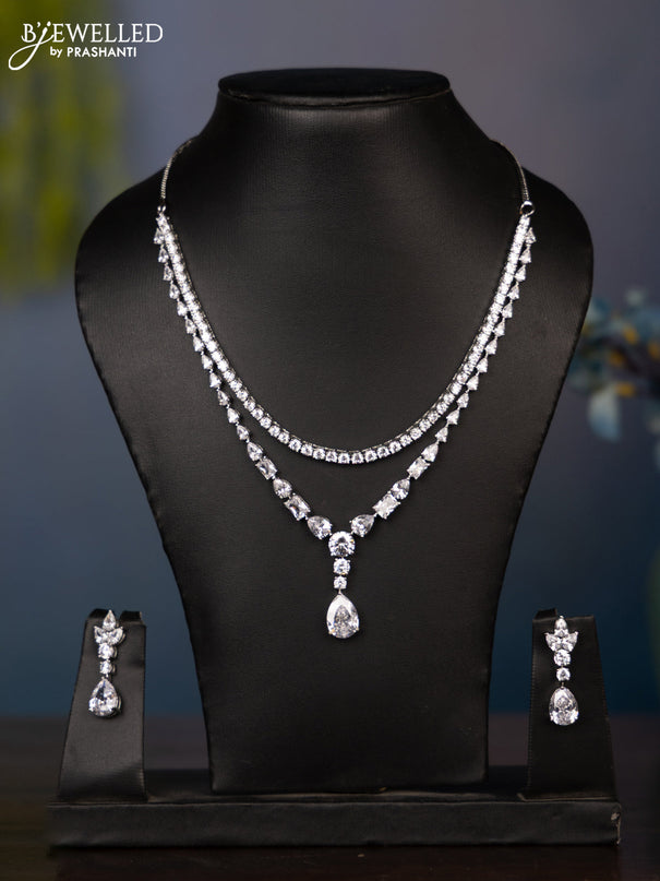 Zircon double layer necklace with big tear drop shape cz stones in silver finish