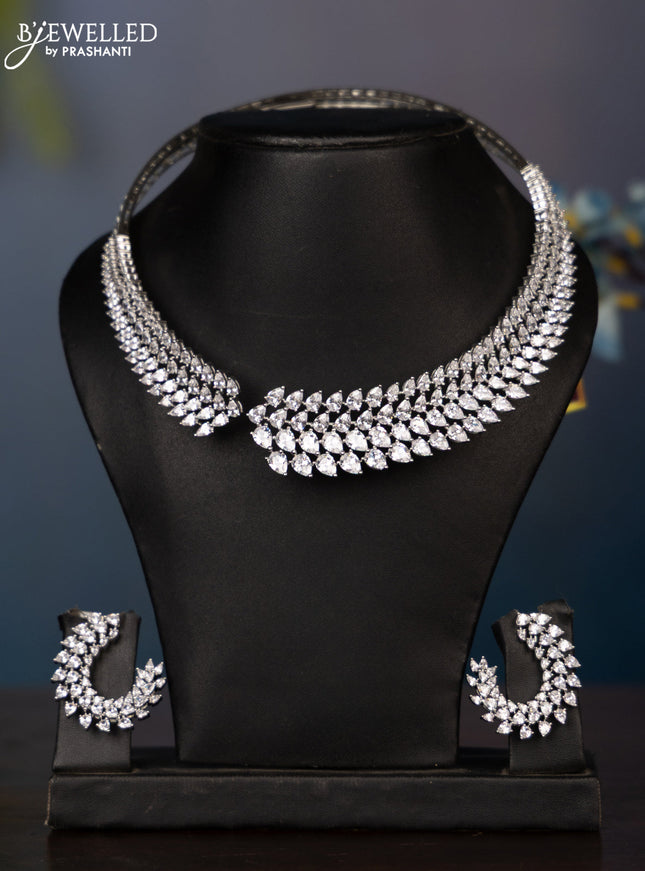 Zircon necklace with big tear drop shape cz stones in silver finish
