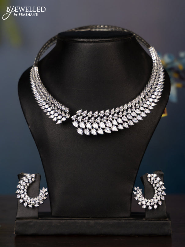 Zircon necklace with big tear drop shape cz stones in silver finish
