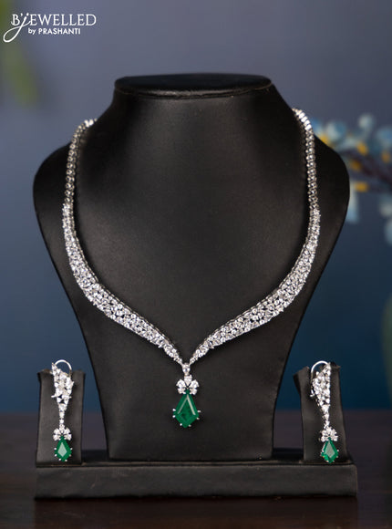 Zircon necklace with big tear drop shape emerald and cz stones in silver finish