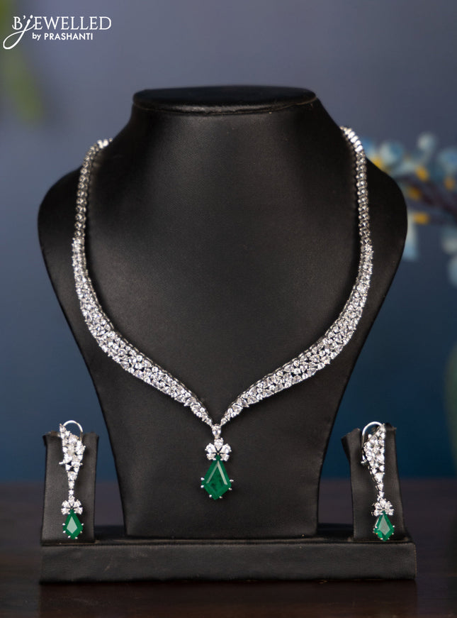 Zircon necklace with big tear drop shape emerald and cz stones in silver finish