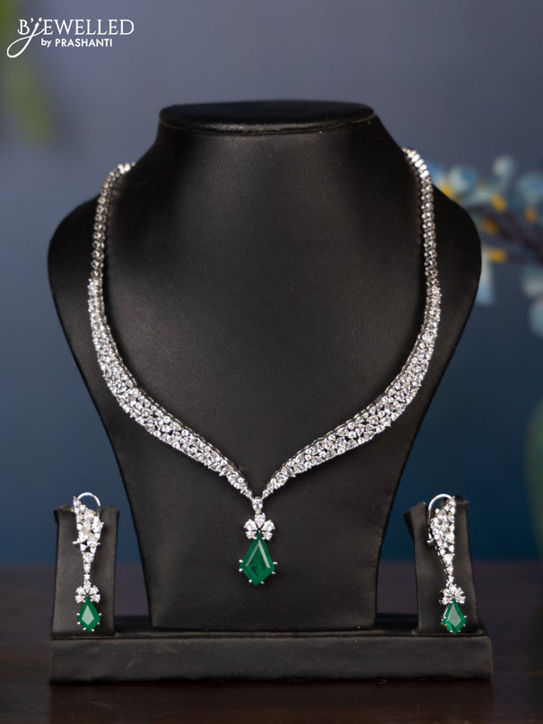 Zircon necklace with big tear drop shape emerald and cz stones in silver finish