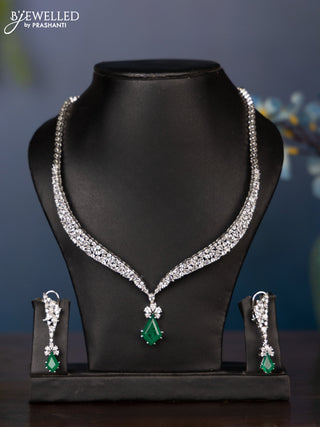 Zircon necklace with big tear drop shape emerald and cz stones in silver finish