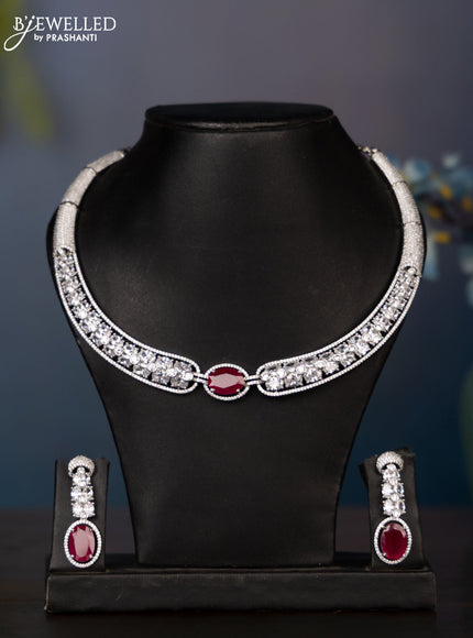 Zircon necklace with big ruby and cz stones in silver finish