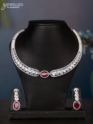Zircon necklace with big ruby and cz stones in silver finish