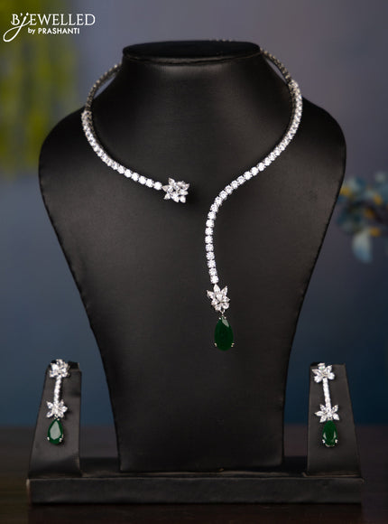 Zircon necklace with big emerald and cz stones in silver finish
