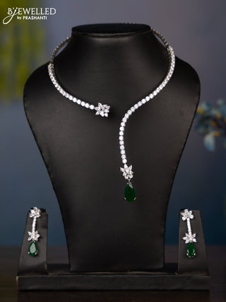 Zircon necklace with big emerald and cz stones in silver finish