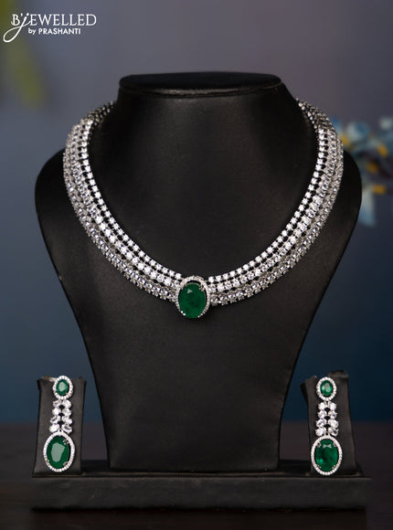 Zircon necklace with big emerald and cz stones in silver finish