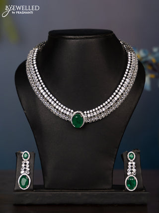 Zircon necklace with big emerald and cz stones in silver finish