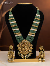 Antique beaded haaram krishna pendant with ruby and kundan stones in pearl & golden beads hangings