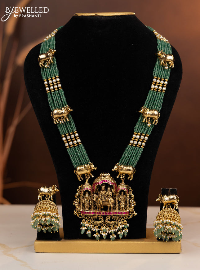 Antique beaded haaram shivan parvathi pendant with ruby and pink jadau stones in pearl & mint green beads hangings