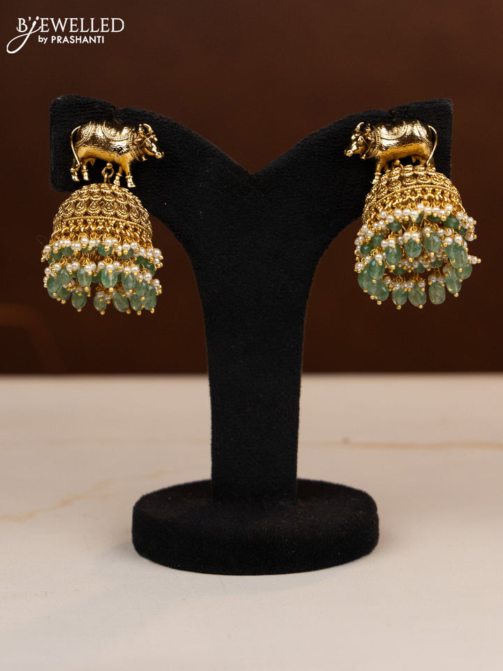 Antique beaded haaram shivan parvathi pendant with ruby and pink jadau stones in pearl & mint green beads hangings