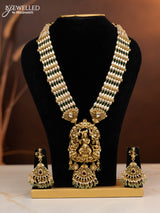 Antique beaded haaram krishna pendant with ruby and kundan stones in pearl & mint green beads hangings