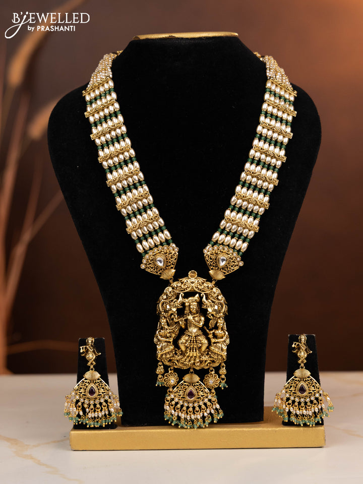 Antique beaded haaram krishna pendant with ruby and kundan stones in pearl & mint green beads hangings