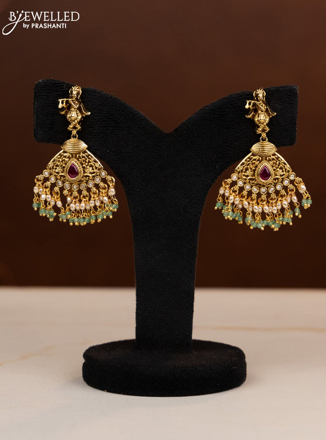 Antique beaded haaram krishna pendant with ruby and kundan stones in pearl & mint green beads hangings