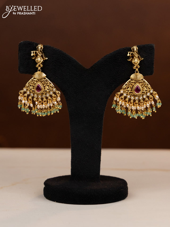 Antique beaded haaram krishna pendant with ruby and kundan stones in pearl & mint green beads hangings