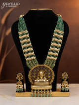Antique beaded haaram shivan pendant with ruby stones in mint green & golden beads hangings