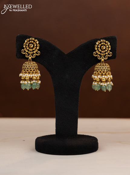 Antique beaded haaram shivan pendant with ruby stones in mint green & golden beads hangings