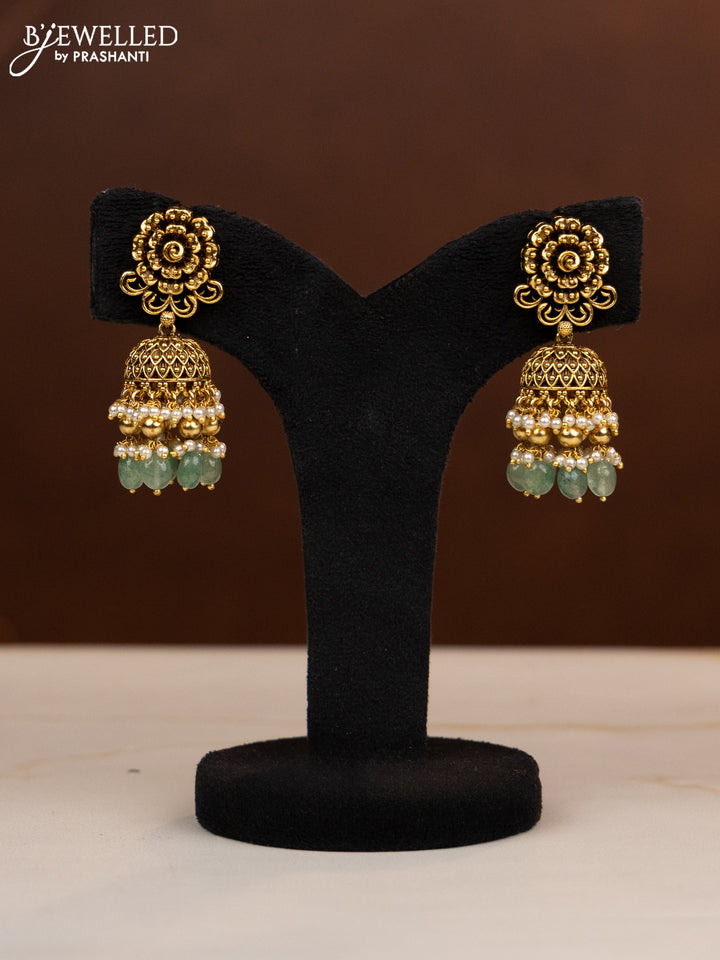 Antique beaded haaram shivan pendant with ruby stones in mint green & golden beads hangings