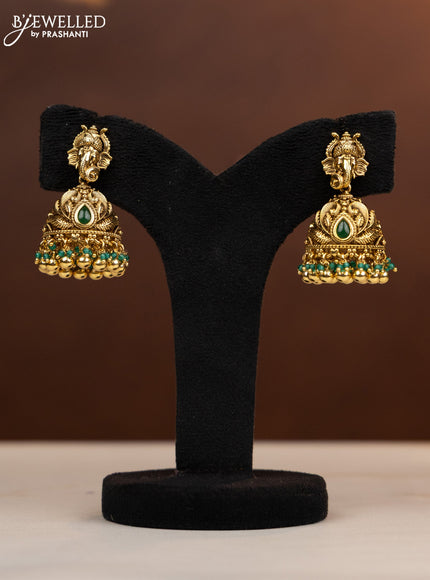 Antique beaded haaram ganesha design with emerald and kundan stones in golden beads hangings