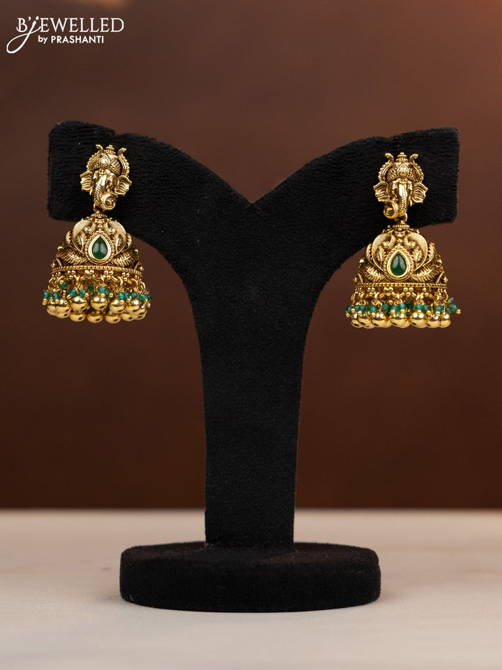 Antique beaded haaram ganesha design with emerald and kundan stones in golden beads hangings