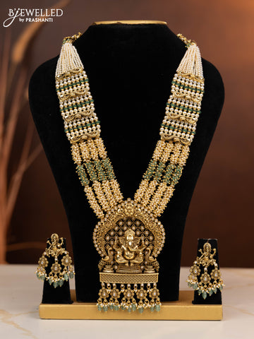 Antique multilayer beaded haaram ganesha pendant with kundan stones in mint green beads hangings