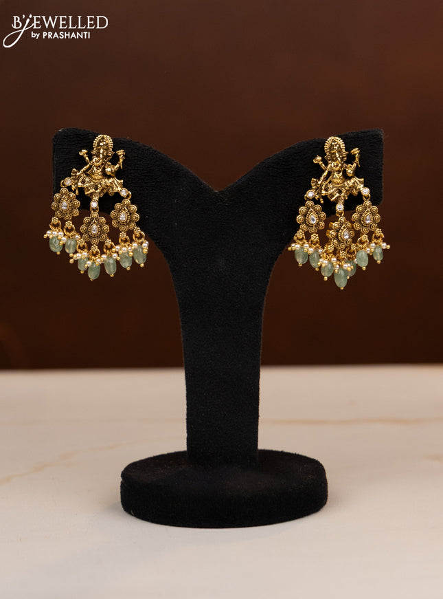 Antique multilayer beaded haaram ganesha pendant with kundan stones in mint green beads hangings