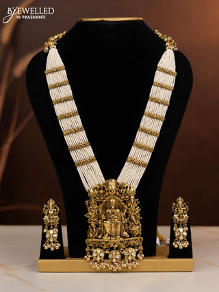 Antique beaded haaram ganesha pendant with kundan stones in pearl & golden beads hangings