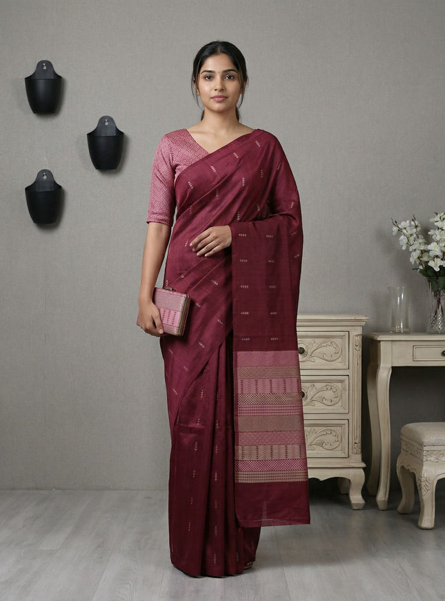 Semi tussar saree maroon with thread woven buttas & purse