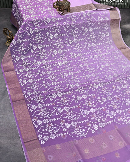 Banarasi semi organza saree lavender shade with allover embroidery work and woven border