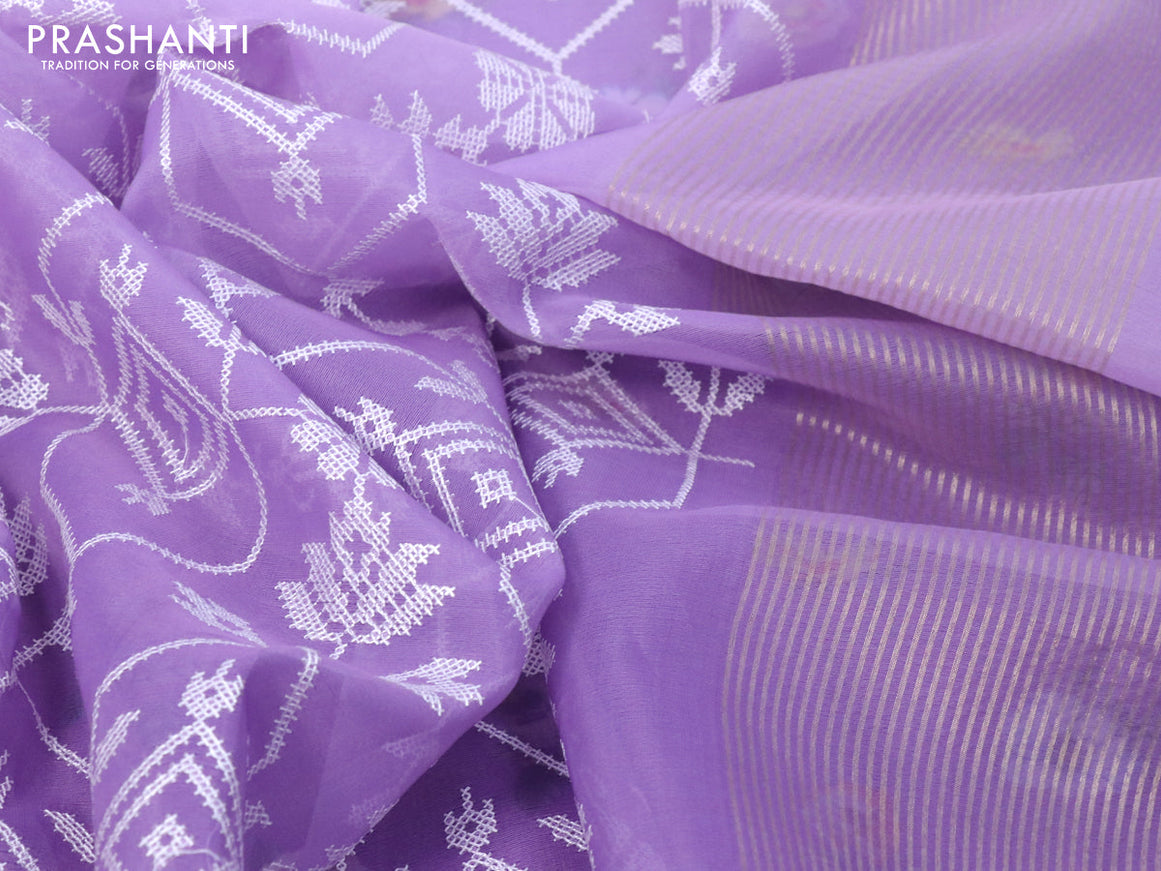 Banarasi semi organza saree lavender shade with allover embroidery work and woven border