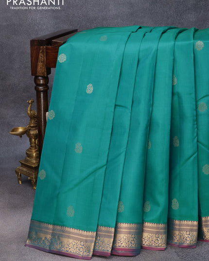 Pure kanjivaram silk saree teal blue and pink with zari woven buttas and zari woven border