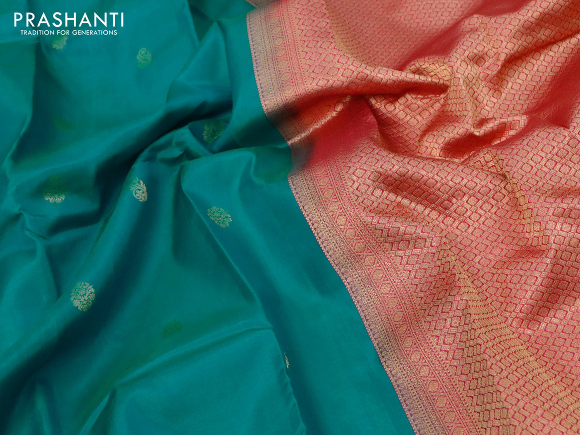 Pure kanjivaram silk saree teal blue and pink with zari woven buttas and zari woven border
