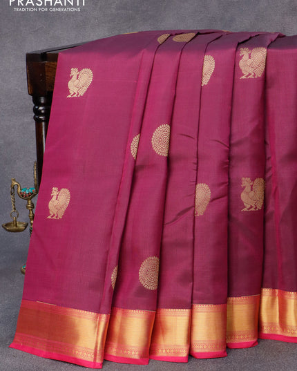 Pure kanjivaram silk saree purple and pink with annam & rudhraksha zari woven buttas and zari woven border