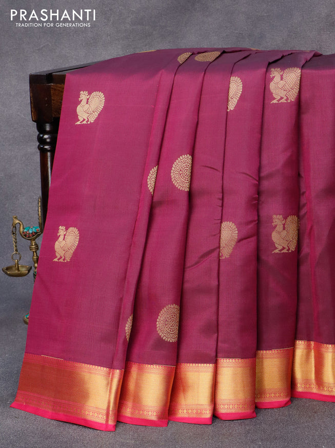 Pure kanjivaram silk saree purple and pink with annam & rudhraksha zari woven buttas and zari woven border