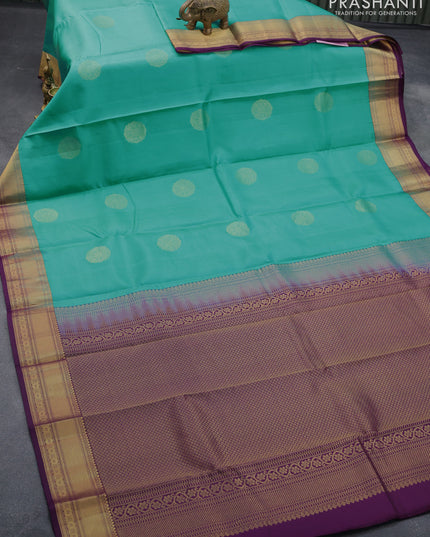 Pure kanjivaram silk saree teal blue and deep purple with zari woven buttas and zari woven border