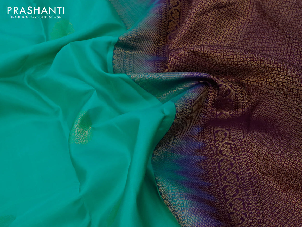 Pure kanjivaram silk saree teal blue and deep purple with zari woven buttas and zari woven border