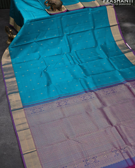 Pure kanjivaram silk saree teal blue and dual shade of bluish pink with zari woven buttas and zari woven border