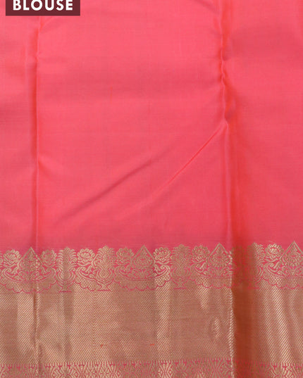 Pure kanjivaram silk saree pale yellow and dual shade of peach pink with zari woven buttas and zari woven border