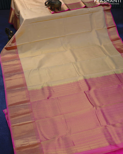 Pure kanjivaram silk saree sandal and pink with zari woven buttas and long zari woven border