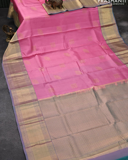 Pure kanjivaram silk saree light pink and dual shade of teal green with zari woven buttas and zari woven border