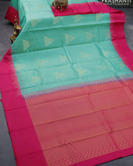 Pure kanjivaram silk saree teal blue and pink with zari woven geometric buttas and simple border