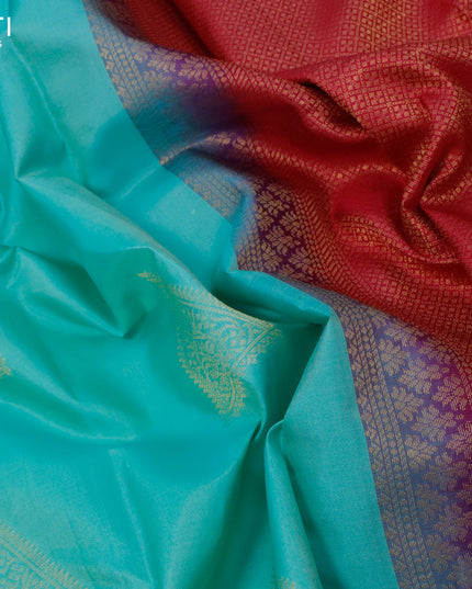 Pure kanjivaram silk saree teal blue and pink with zari woven geometric buttas and simple border